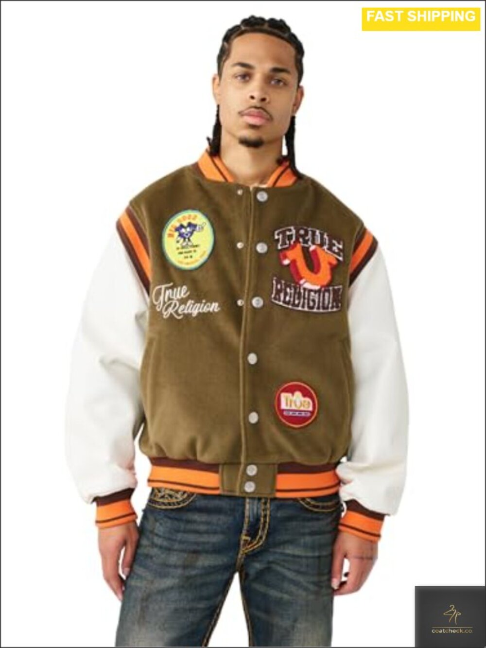 Faux Leather Varsity Jacket Snap-Front Closure Long Sleeve